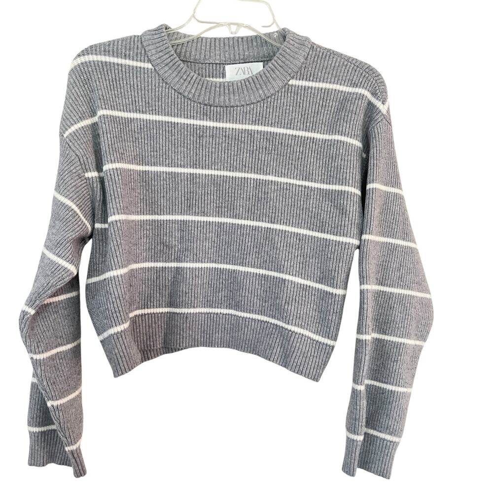 Zara Girls Gray White Striped Boxy Ribbed Sweater Crewneck Size 13-14